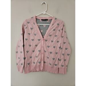 Anthropologie Pink Cardigan with Gray Heart Pattern